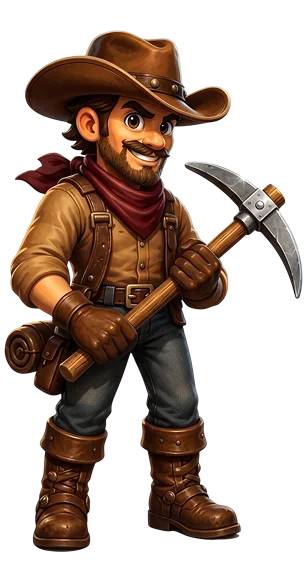 3D cartoon style illustration of a smiling cowboy prospector holding a pickaxe on a black background.