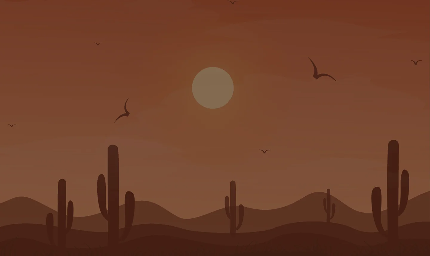 Flat vector illustration of a desert landscape at sunset with saguaro cactus silhouettes, hills, and flying birds against an orange sky.