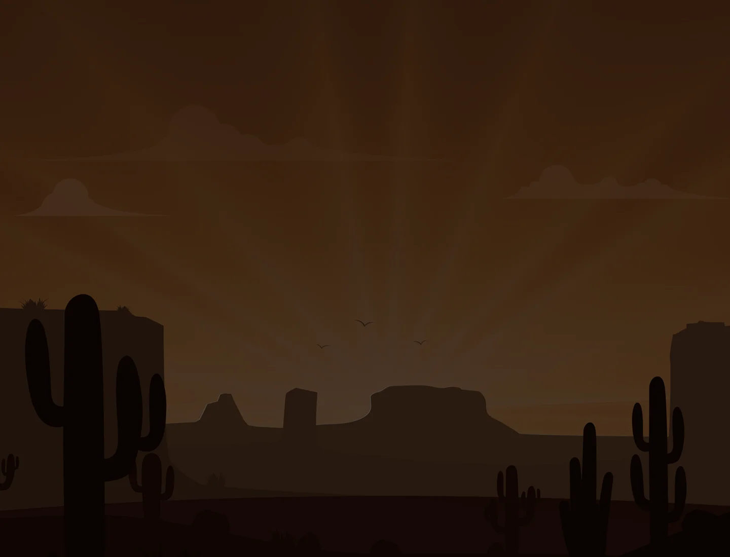 Flat illustration of a desert landscape with saguaro cacti and mountains against an orange sunset sky.