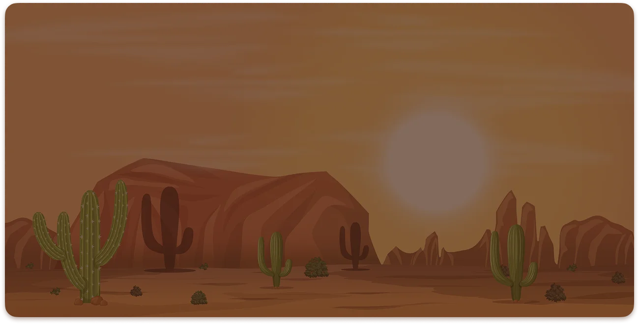 A vector illustration of a Wild West desert landscape featuring canyons, saguaro cacti, and a bright sunset