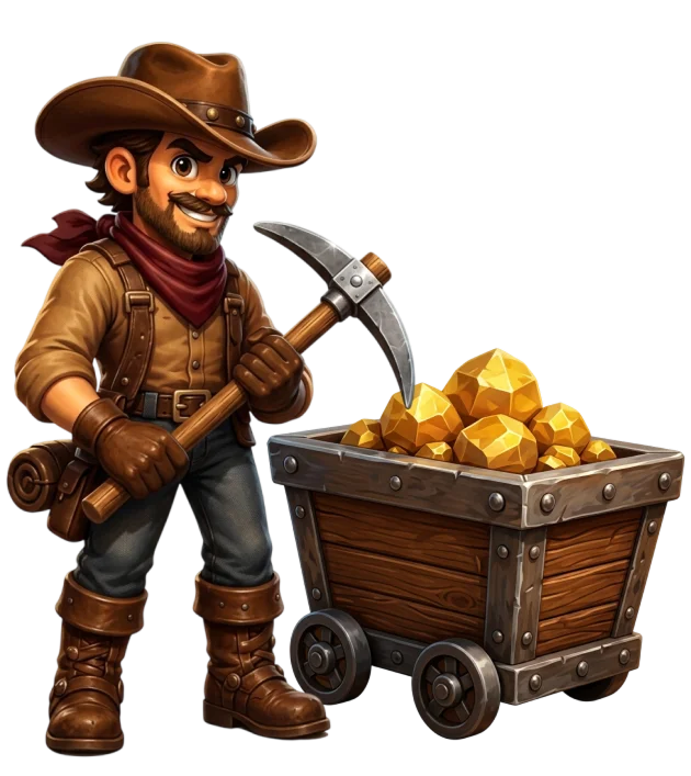 A cartoon cowboy prospector, holding a pickaxe, stands next to a mine cart filled with gold nuggets