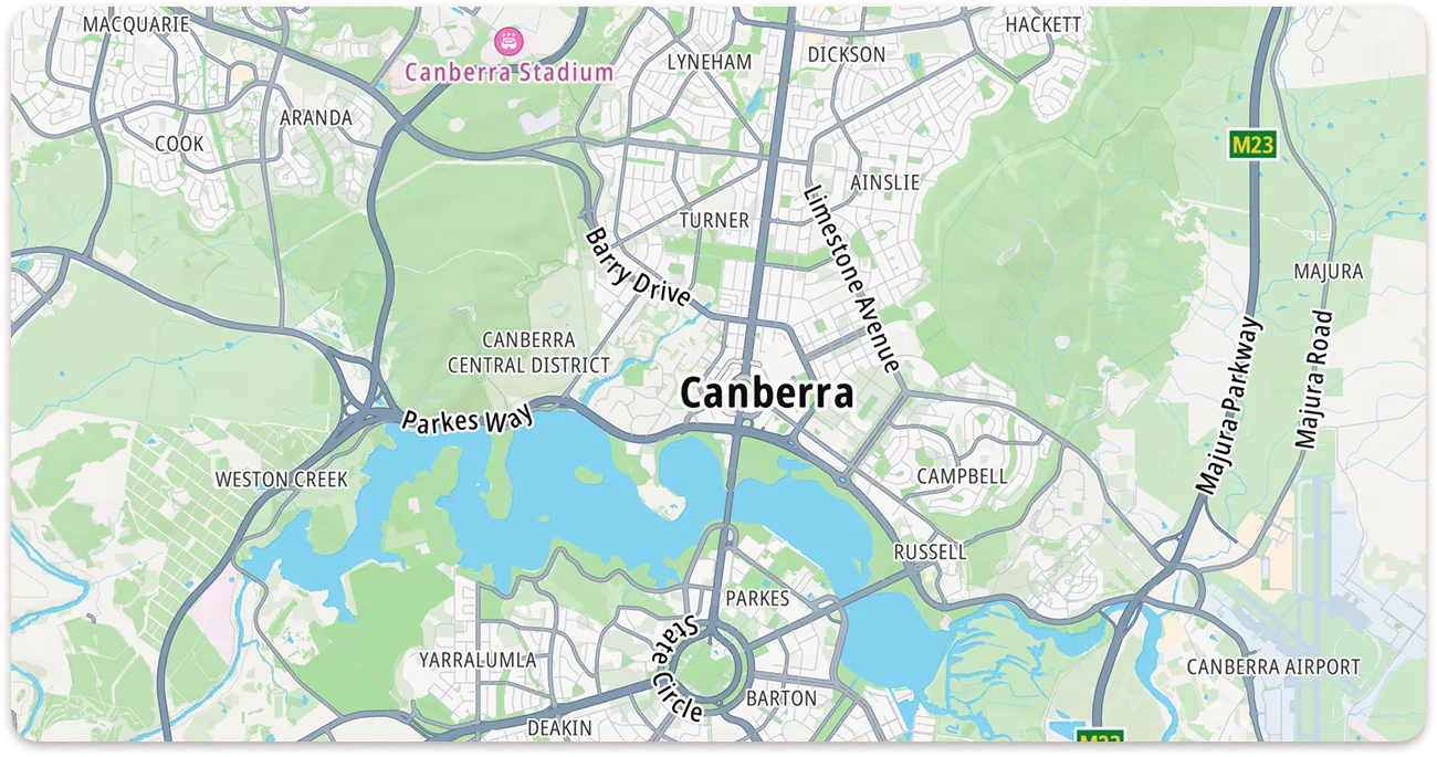 A Google Map of Canberra, Australia, with roads and streets in bright colors