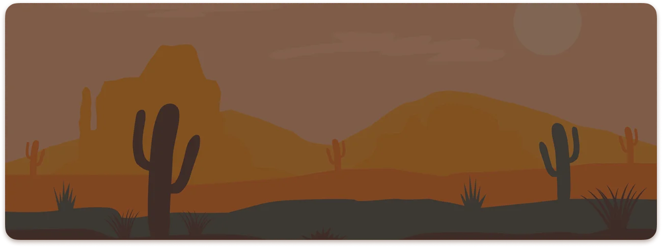Minimal flat vector illustration of a Wild West desert with cacti, sand dunes, and mountains under a sunset sky.
