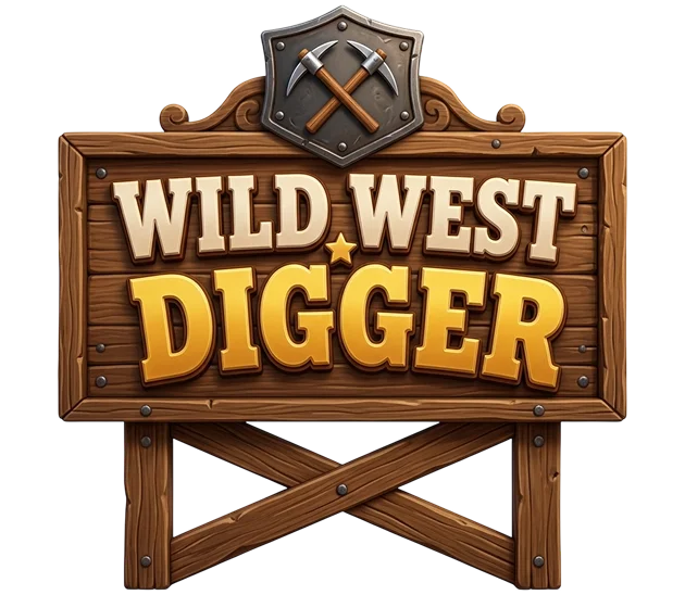 Wooden sign logo reading Wild West Digger with crossed pickaxes shield on top.