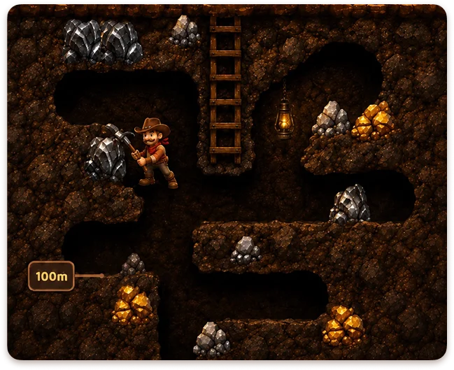 The mobile interface for the game “Wild West Digger,” which features a miner digging underground tunnels in search of gold, along with game statistics and a pop-up window displaying tasks.