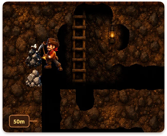 The mobile interface for the game “Wild West Digger,” which features a miner digging underground tunnels in search of gold, along with game statistics and a pop-up window displaying tasks.