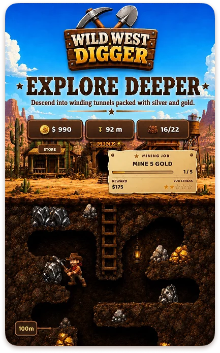 The mobile interface for the game “Wild West Digger,” which features a miner digging underground tunnels in search of gold, along with game statistics and a pop-up window displaying tasks.