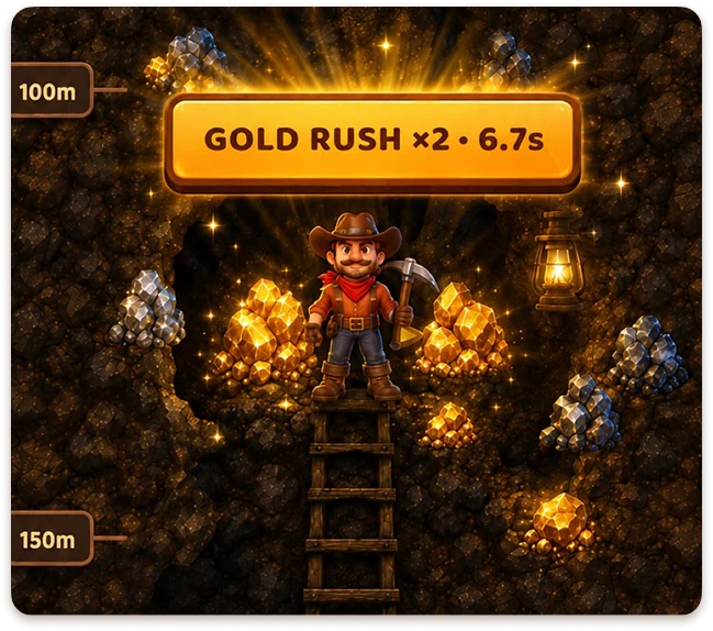 The Wild West Digger game interface with the Gold Rush bonus activated and the character underground among the gold veins