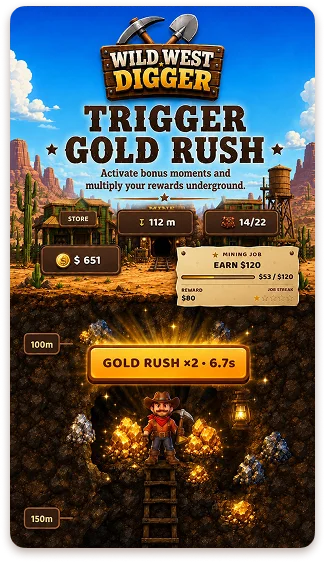 The Wild West Digger game interface with the Gold Rush bonus activated and the character underground among the gold veins