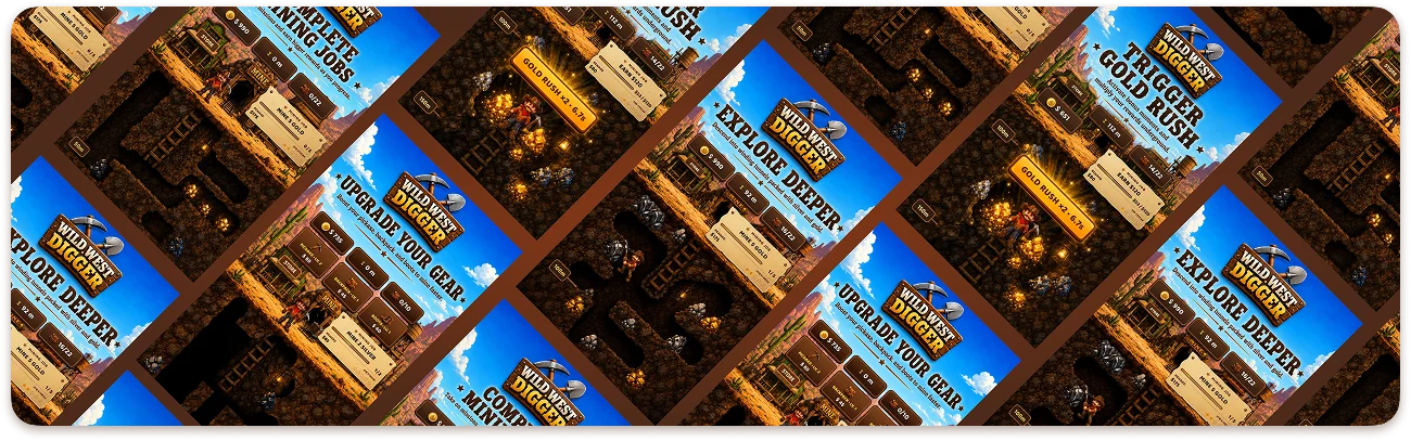 Grid showcase of mobile app screens for Wild West Digger game featuring mining gameplay, gear upgrades, and gold rush features.