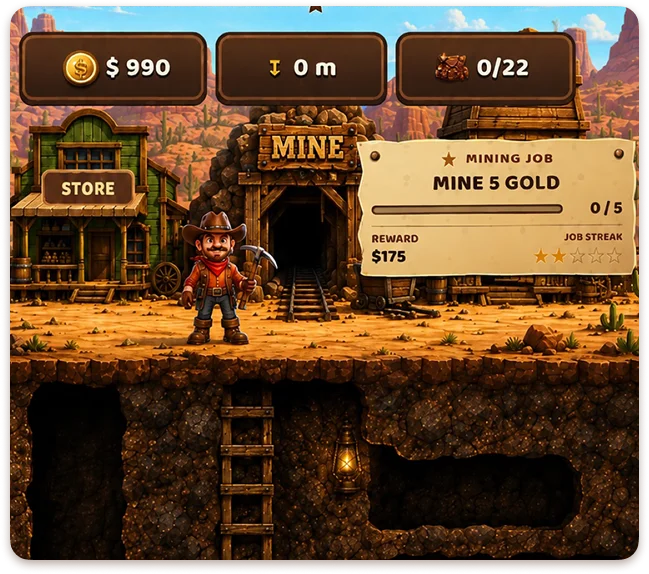 The equipment upgrade menu in Wild West Digger, featuring buttons to upgrade the pickaxe, backpack, and boots