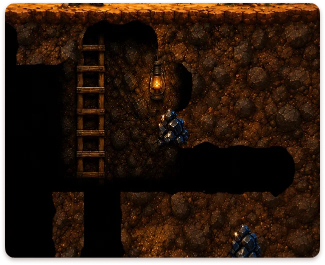 The equipment upgrade menu in Wild West Digger, featuring buttons to upgrade the pickaxe, backpack, and boots