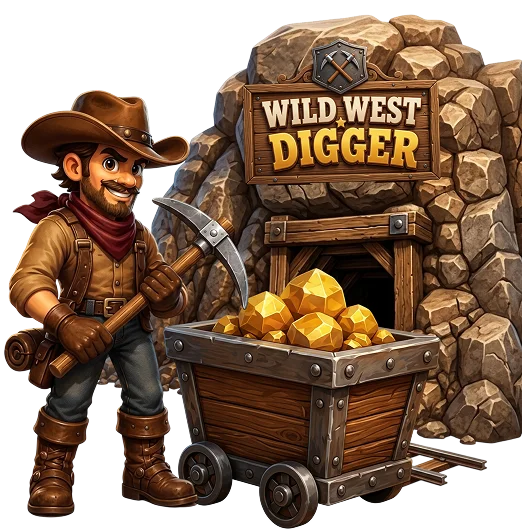 A cartoon cowboy gold prospector holding a pickaxe stands next to a mine cart full of gold at the entrance to a mine with a “Wild West Digger” sign