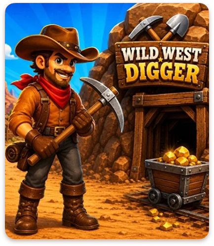 A cowboy miner holding a pickaxe, with a mine, the Wild West Digger logo, and a mine cart full of gold in the background