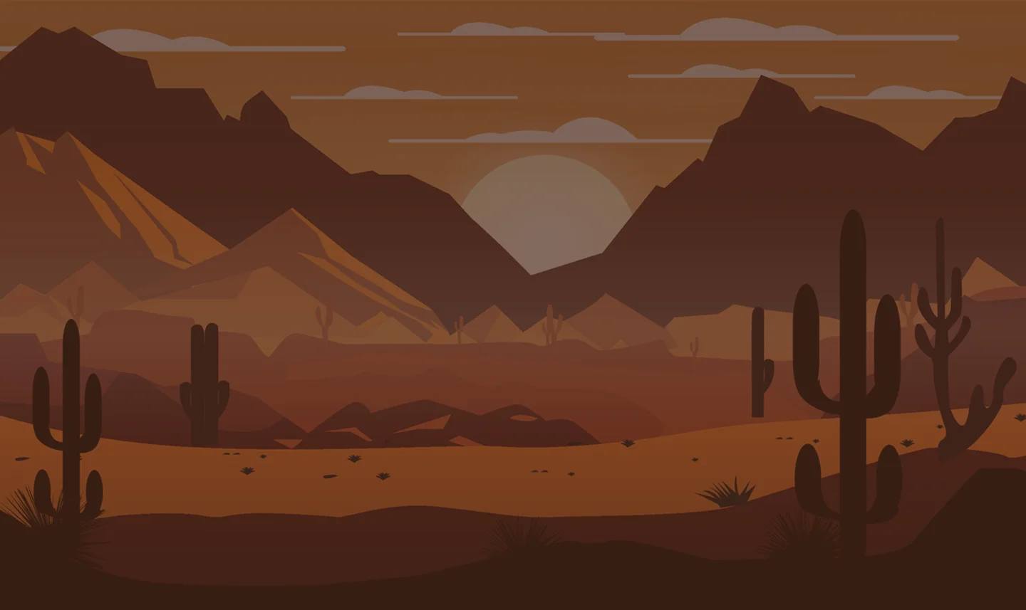A vector illustration of a Wild West desert landscape featuring silhouettes of cacti and mountains against the backdrop of the setting sun